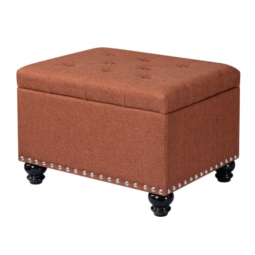 Ottoman with Storage, Fabric Ottoman Foot Rest 24" Rectangle Tufted Foot Stools Ottomans with Hinged Lid Upholstered Button Ottomans for Bedroom Living Room Entryway, Rust - color: Rust