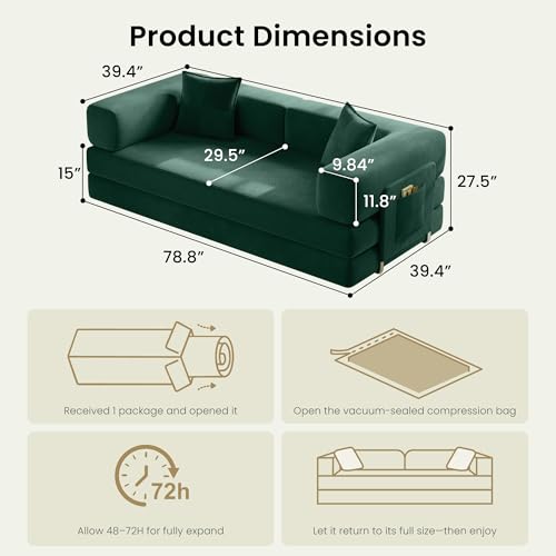 78.8" Convertible Futon Sofa Bed, Boneless Couch for Living Room | Corduroy Boneless Loveseat Sleeper Sofa, Modular Futon Couch with Storage Pocket, Pull Out Couch No Assembly | Forest Green - color: Forest Green