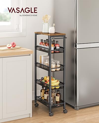 VASAGLE Slim Rolling Cart, 5-Tier Storage Cart, Narrow Cart with Handle, 8.7 Inches Deep, Metal Frame, for Kitchen, Dining Room, Living Room, Home Office, Rustic Brown and Classic Black ULRC035B01 - color: Rustic Brown + Classic Black, size: 5 Tiers (8.7"