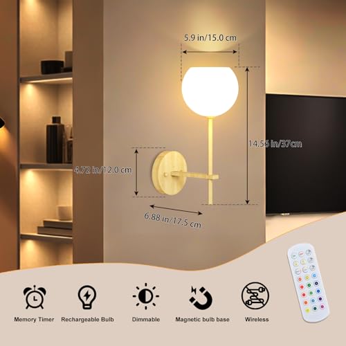 Wood Grain Battery Operated Wall Sconces Set of 2, Rechargeable Wireless Wall Lights with Milky White Frosted Glass, 12 RGB and 3CCT Dimmable Wall Lamps with Remote for Bedroom Living Room Hallway - color: Wood Grain