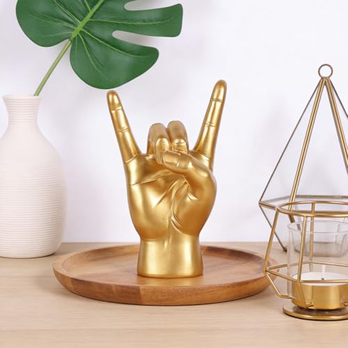 QIANLING 7.7" Gold Rock On Hand Statue, Modern Hand Gesture Sculpture, Rock Music Room Decor, Heavy Metal Party Accent Tabletop Figurine for Desk, Bookshelf, Mantel & Home Office - color: Shiny Gold
