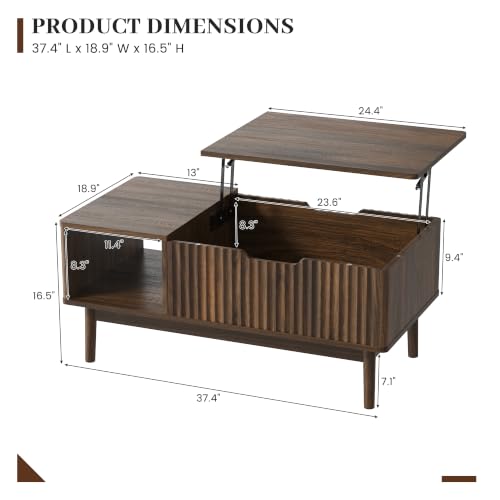 Fluted Lift Top Coffee Table with Storage, Walnut | Modern Coffee Table for Living Room, Home Office - color: Walnut, size: 18.9"D x 37.4"W x 16.5"H