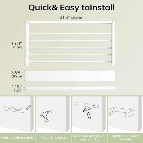 31.5-Inch Wall Mounted Foldable Clothes Drying Rack, White | Space-saving rack folds against the wall when not in use and includes a mounting template for indoor or balcony drying - color: White, W31.5''