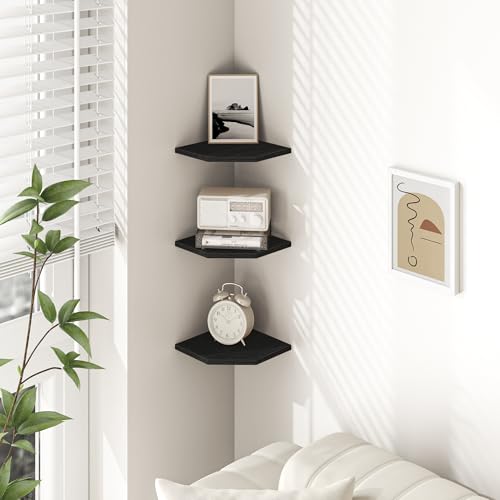Fun Memories Corner Shelf Wall Mount, Floating Corner Shelves, Set of 6 Corner Wall Shelf Organizer, Rustic Wood Wall Storage Display Shelves for Living Room Bedroom Bathroom Kitchen, Classic Black - color: Black, size: 7" x 7", Set of 6