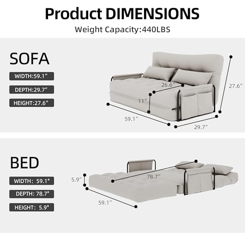 4-in-1 Folding Sofa Bed,Convertible Sofa Bed with Pillow Foldable Mattress and Back Support,Convertible Modular Sofa with Double Side Pockets for Living Room/Bedroom,Double(Beige) - color: Beige, size: Full