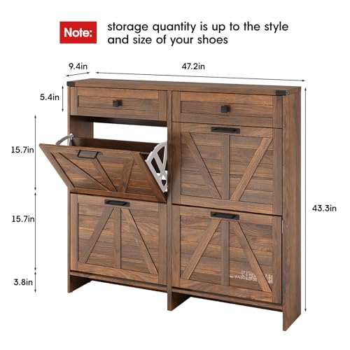 Halitaa Shoe Cabinet with 4 Flip Drawers & 2 Drawers,Farmhouse Shoe Storage Cabinet for Entryway,Slim Freestanding Organizer Rack for Front Door Entrance,Dark Walnut - color: Dark Walnut, style: 4-Drawers