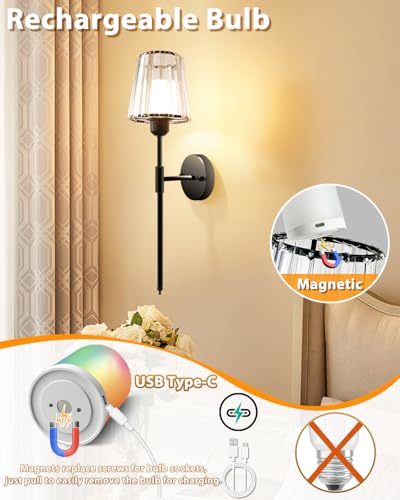 Adetu 23 inch Crystal Battery Operated Wall Sconce Set of 2 | Black Rechargeable Wall Sconce with 10000mAh Magnetic Bulbs, RGB Dimmable Wireless Wall Lamp for Bedroom Living Room - color: Black, size: 23 Inch