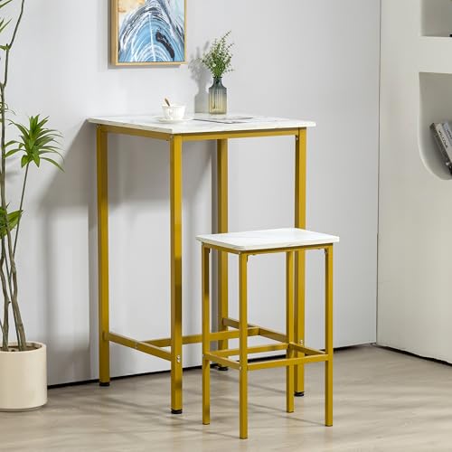 Finnhomy Bar Table, 23.6" Pub High Top, Square Bar Height, Counter Height Cocktail, Small Kitchen Set for 2, Breakfast for Kitchen, Living Room, White Marble and Gold - color: Gold, size: Bar Table (No Stools)