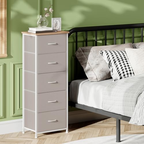 Somdot Tall Dresser for Bedroom, 5 Drawer Storage Cabinet, Ash Grey | Fabric Dresser with Removable Bins, Steel Frame, Wood Top Home Furniture, Closet Organizer, Nursery, Dorm, Entryway Storage - color: Ash Grey, size: 11.8"D x 16.5"W x 45.1"H (5 Drawers)