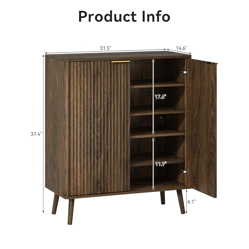 5-Tier Shoe Storage Cabinet with Adjustable Shelves, Walnut丨Fluted Shoe Cabinet with Doors, Wooden Freestanding Shoe Organizer Shoe Cabinet for Entryway, Hallway, Living Room - color: Walnut