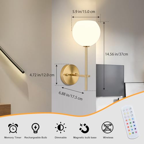 Gold Battery Operated Wall Sconces Set of 2, Rechargeable Wireless Wall Lights with Milky White Frosted Glass Shade, 12 RGB and 3CCT Dimmable, Wall Lamps with Remote for Bedroom Living Room Hallway - color: Gold