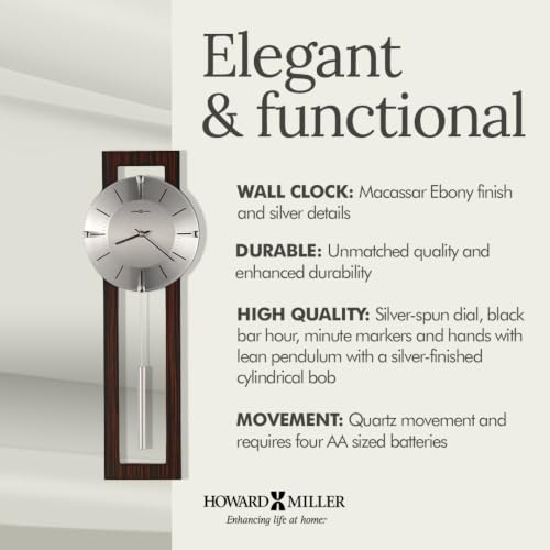 Howard Miller Mela Wall Clock with Pendulum | Wooden Frame, Silver Dial, Analog Quartz | Modern Minimalist Decor for Living Room, Office