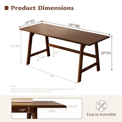 IOTXY Solid Wood Writing Table - 60" W Minimalist PC Computer Desk, Walnut | Minimalist Modern Style, 100% Solid Wood, Spacious Surface, Moon-Shaped Legs, Super Stable, 265-lbs Capacity, 15-Min Assembly - color: Walnut, size: 60" W