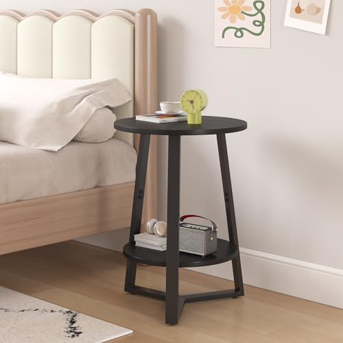 sthmec Small Round End Table, 2 Tier Side Table with Storage Shlef,Coffee Table Wooden Tabletop & Metal Frame,Round Accent Table Small Nightstands Couch Tables for Bedroom,Livingroom, Black - color: Black