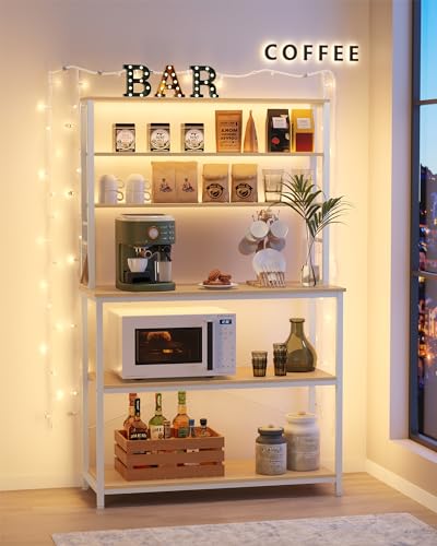 VASAGLE Coffee Bar, 39.4 Inches Baker's Rack for Kitchen with Storage, 6-Tier Kitchen Shelves with 6 Hooks, Microwave Stand, Modern, Golden Oak and Cloud White UKKS039Y09 - color: Golden Oak + Cloud White, size: 39.4"W, style: No Power Outlet