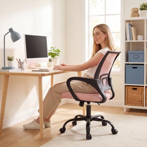 DUMOS Ergonomic Home Office Chair, Executive Mesh Desk Chair | Height Adjustable, Lumbar Support, Breathable Backrest, Fixed Armrest, Rolling Wheels, Computer Gaming, Meeting, New Pink - color: New Pink