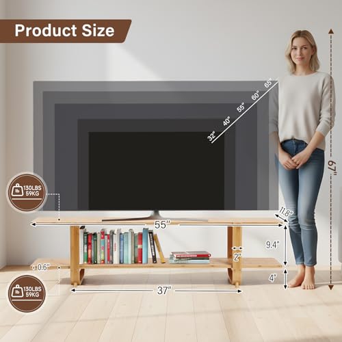 Wood Bamboo TV Stand for 55-Inch TVs, 2 Open Shelves, Modern Console | Mid Century Style, Open Storage for Electronics and Decor in Living Rooms and Bedrooms - color: Wood