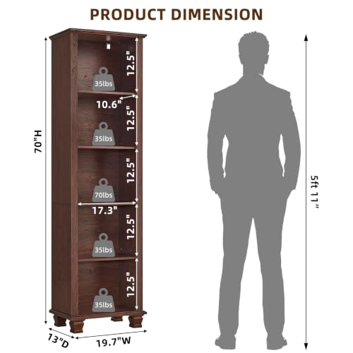70" Tall Narrow Book Shelf, 5-tire Bookshelf with Adjustable Shelves & Solid Wood Legs, Farmhouse Freestanding Bookcase with Open Storage, Wood Book Case for Office, Living Room, Walnut - color: Walnut