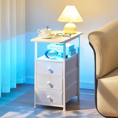 Narrow End Table with Charging Station, Narrow Side Table with 3 Fabric Drawers, Slim Nightstand with LED Light, Small Table with Storage, Living Room, Bedroom, White HKET1303WT - color: White, size: 11.8" W x 23.6" D, style: Power + Light