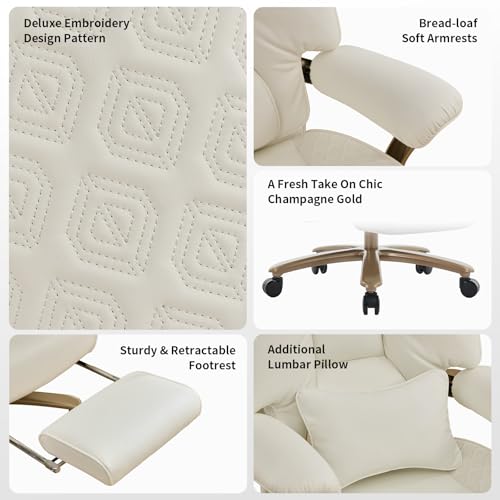EXCEBET Big and Tall Executive Office Chair with Footrest, 400LBS Capacity Ergonomic High-Back Desk Office Chair with Lumbar Support, Padded Armrests & Thick Cushion, White PU Leather Chairs - color: White