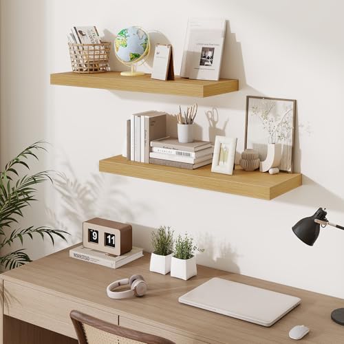 Fun Memories 32 x 10 Floating Shelves Wall-Mounted - Rustic Wood Shelf - 10 Inch Deep Floating Shelves for Wall - Large Storage Shelf for Bathroom - Kitchen & Bedroom - Oak - Set of 3 - color: Natural Oak, size: 32W x 10D x 1.5H