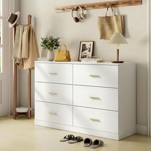 Modern White 6 Drawer Dresser with Gold Handles, 47" Chest of Drawers for Bedroom, Kids Room & Nursery, Wooden Storage Dresser for Girls Bedroom-1pc