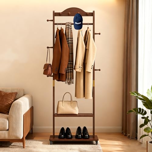 Walnut Brown Solid Wood Coat Rack Freestanding with Wheels - Heavy Duty Clothes Rack with 2 Storage Shelves & 9 Hooks, Wooden Coat Rack Stand Hat Hanger Rack for Bedroom Entryway Living Room Hotel - color: Walnut 2
