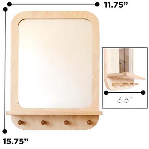 Montessori Wooden and Acrylic Wall Mirror with Hooks for Toddlers - Entryway Mirror with Hooks and Shelf Organizer Self-Care Station