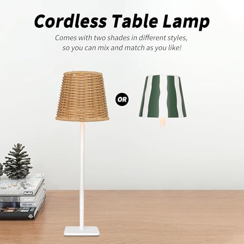 Mr. White Outdoor Waterproof Cordless Wireless Rechargeable Portable Top Touch Battery Operated Powered LED Table Lamp Desk Lamp Lights for Restaurant Kitchen Patio Dinner Dining (Green) - color: Green Stripe+Wicker Lampshade