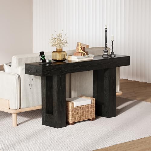IDEALHOUSE 63" Entryway Table with Power Outlet, Console Table for Entryway | Black, Wooden Sofa Table, Narrow Hallway Foyer Table for Entryway, Hallway, Living Room - color: Black
