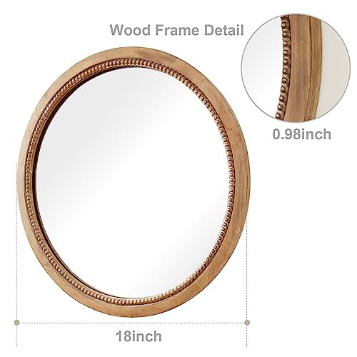 sawsile Round Wood Mirror,18 inch Circle Rustic Farmhouse Natural Wooden Frame Boho Beads Wall Mirror for Bathroom,Living Room,Bedroom or Entryway - color: Nature, size: 18"L x 18"W