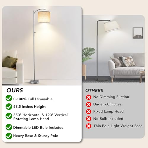 ROTTOGOON Dimmable Floor Lamp, Arc Floor Lamps for Living Room, Stepless Dimming Modern Standing Lamp with Linen Shade, Tall Lamp for Bedroom Office Dining Room- Silver - color: Silver