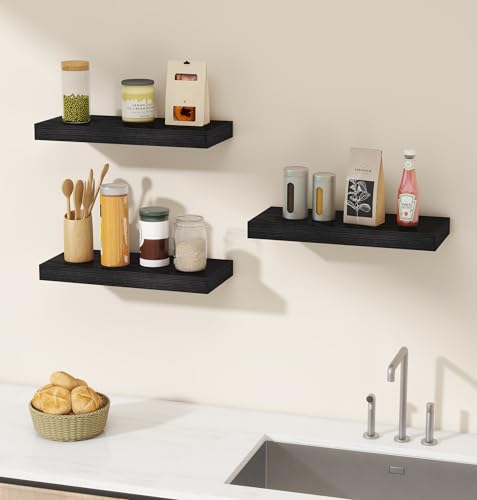 Vervida® Black Rustic Floating Wall Shelves 15in Set of 3 Hidden | Compact Shelf Display for Narrow Hallway Half Bath, Invisible Brackets Easy Install, Holds 30 Lbs Small Items Trinkets - color: Black, size: 15x6.8