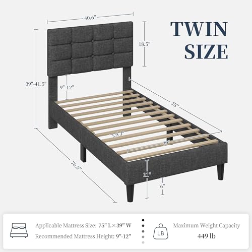 Yaheetech Twin Size Upholstered Tufted Bed Frame with Headboard, Dark Gray | Sturdy engineered wood frame with linen fabric upholstery features a soft tufted headboard for easy assembly and support - color: Dark Gray, size: Twin