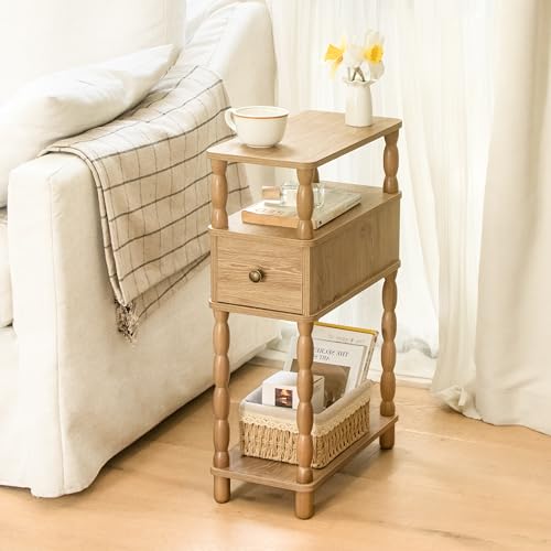 MaxSmeo Narrow End Table, Small Side Table Living Room with Drawer, Narrow Bedside Table Nightstand with Storage for Small Spaces, Bedroom (Rustic Walnut) - color: Rustic Walnut