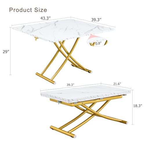 Liftable Folding Dining Table for 4, Adjustable Drop Leaf Table, Folding Coffee Table for Small Spaces, Scratch-Resistant Wood Top with Metal Frame for Apartment Kitchen Living Room - color: White-gold