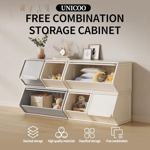 UNICOO® 2+4 Free Combination Stackable Plastic Storage Cabinet | Customizable Storage Shelves, Lightweight Organizer, Efficient Storage and Organizer | Home, Office, School, Dorm (2+4 Gray & Cream) - color: 2+4 Gray & Cream