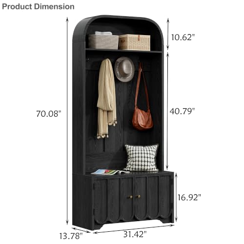 Narrow Entryway Hall Tree with Storage Bench, Entryway Storage Bench with Coat Rack, 70" Arch Coat Rack with 4 Hooks and 2 Fluted Doors,Farmhouse Furniture Organizer for Hallway, Black - color: Black Oak