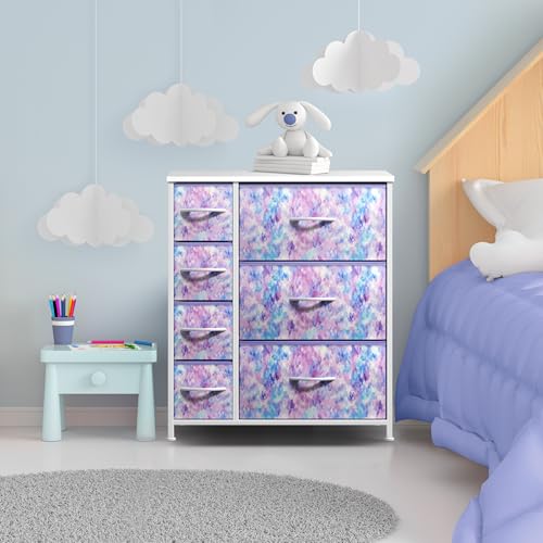 Sorbus Kids Dresser with 7 Drawers - Storage Chest Organizer Unit with Steel Frame, Wood Top & Handles, Tie-dye Fabric Bins for Clothes - Wide Furniture for Bedroom Hallway Kids Room Nursery & Closet - color: Blue/Pink/Purple