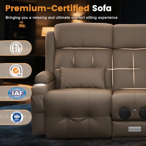 Home Theater Seating, Power Loveseat Recliner Sofa with Massage & Heat | Wall Hugger Reclining Loveseat with USB, RV Couch with LED Lights, Flip Backrest, Cup Holders for Movie Theater, Gaming Room - color: Pebbled Khaki Brown, size: 72" - 2 Seats