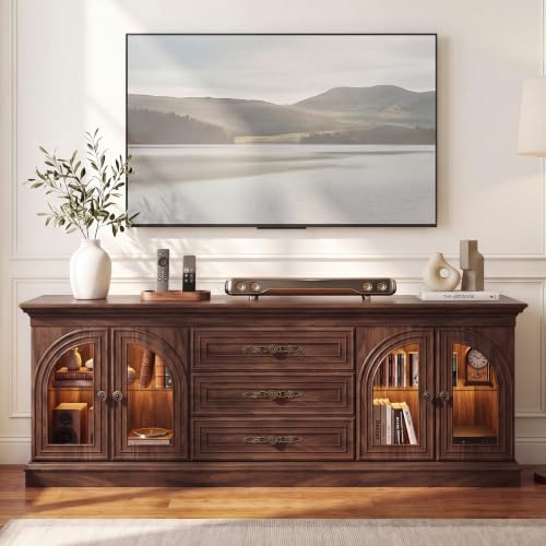 JUMMICO 63 Inch LED Farmhouse TV Stand for TVs Up to 70 Inch(Walnut) | Mid Century Modern TV Stand, TV Console with 2 Glass Doors Storage & 3 Drawers, Wood Entertainment Center for Living Room - color: Walnut, size: TV Stand(No Charge Station)