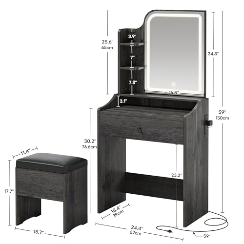 LIKIMIO Small Vanity Desk with Mirror Lights and Storage Stool | Charcoal grey compact vanity with 3 light modes, charging station, storage drawer, 3 shelves and upholstered stool - color: Charcoal Grey