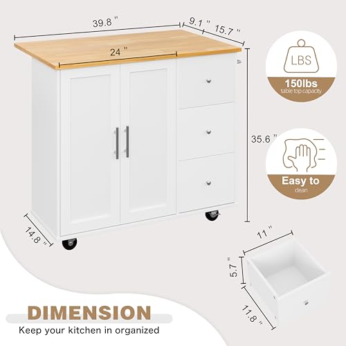 Shintenchi Kitchen Island with Folding Drop Leaf, Rolling Island Table with Storage, Kitchen Cabinet on Wheels with Seating Area for Kitchen, Bar Cart with Cabinet, White - color: White