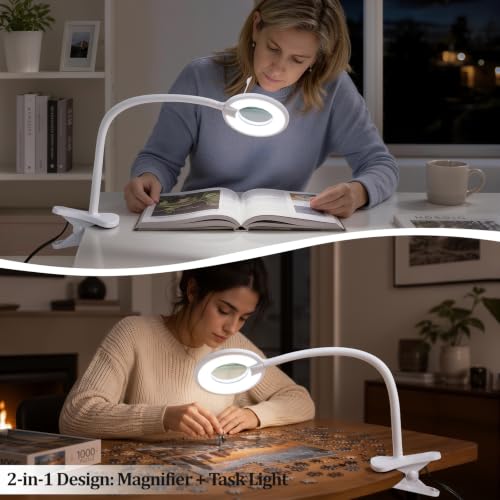 3X+6X Magnifying Glass with Light and Clamp,Dimmable LED Magnifying Lamp | Clip on, Flexible Gooseneck, Hands Free Magnifier, Magnification Lamp for Elderly Craft Hobby Painting Sewing Close Work - color: Cool White