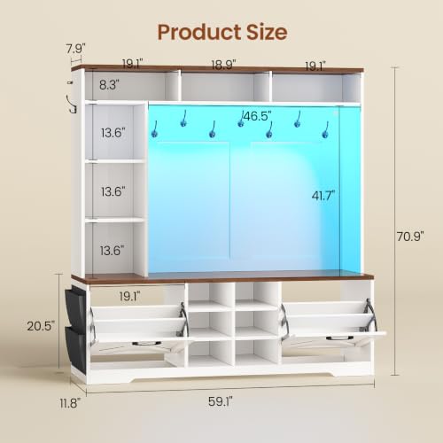 Itaar Hall Tree with Bench and Shoe Storage, 59.1" Farmhouse Entryway Bench with Coat Rack, Shoe Cabinet with Flip Drawers, 12 Shelves, 9 Coat Hooks, Storage Bag, Led Lights, White - color: White, size: 11.8"D x 59.1"W x 70.9"H