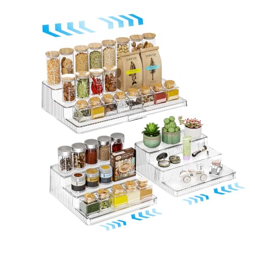 3-Tier Expandable Clear Spice Rack Organizer 2 Pack Adjustable Tiered Seasoning Shelf with Non-Slip Textured Surface, Multi-Purpose Cabinet Organizer for Kitchen Pantry Countertop Vanity