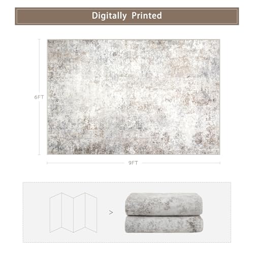 Beige Grey Washable Rugs 6x9 Area Rugs for Living Room,Bedroom,Dining Room | Modern Abstract,Ultra Soft Faux Wool,Kids & Pet Friendly,Non-Slip & Non-Shedding,Large Vintage Low Pile Rug for Home Office - color: Brown-grey-beige-slate, size: 6' x 9' (Rectan