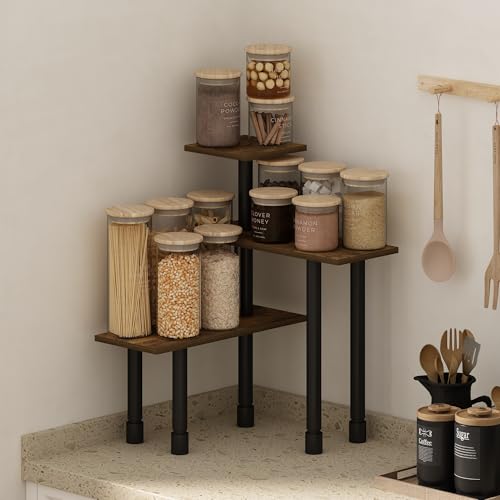 Furinno Turn-N-Tube Kitchen Countertop Organizer, 3-Tier Corner Countertop Organizer Shelf, Corner Shelf, for Kitchen, Pantry, Organizers and Storage, Amber Pine - color: Amber Pine/Black, size: 3-Tier Irregular