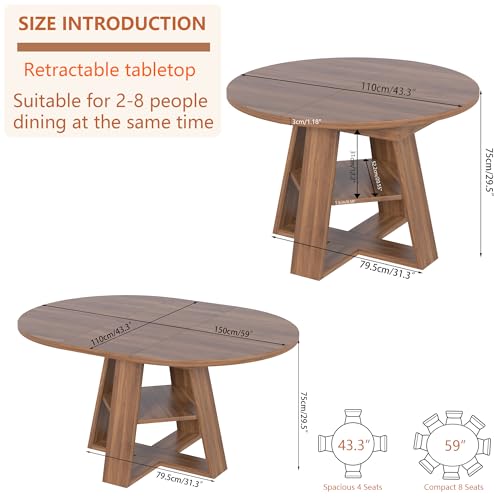 43.3"-59" Extendable Round Oval Dining Table for 4-8 with Storage Shelf | Modern Kitchen Oval Dining Table with Removable Leaves,Space Saving Extendable Table Wood Base for Kitchen Living Room Walnut - color: Walnut