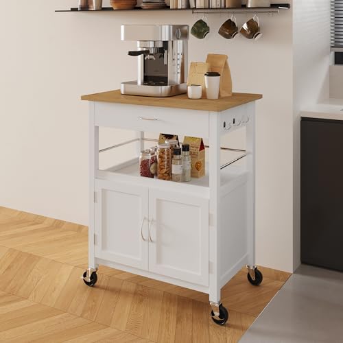 Kitchen Island Cart on Wheels, White Base, Natural Bamboo Top | Drawer, Storage Cabinet, Shelf, Butcher Block - color: White Base